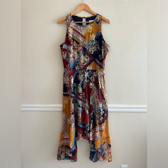 Laundry‎ By Shelli Segal Floral Gold asymmetrical Midi Dress Size 12 Fairy Y2K - Picture 1 of 8